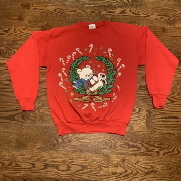 Vintage 90s Womens Holiday Christmas Red Sweatshirt, Bears, Made in USA Size XL - Picture 1 of 8